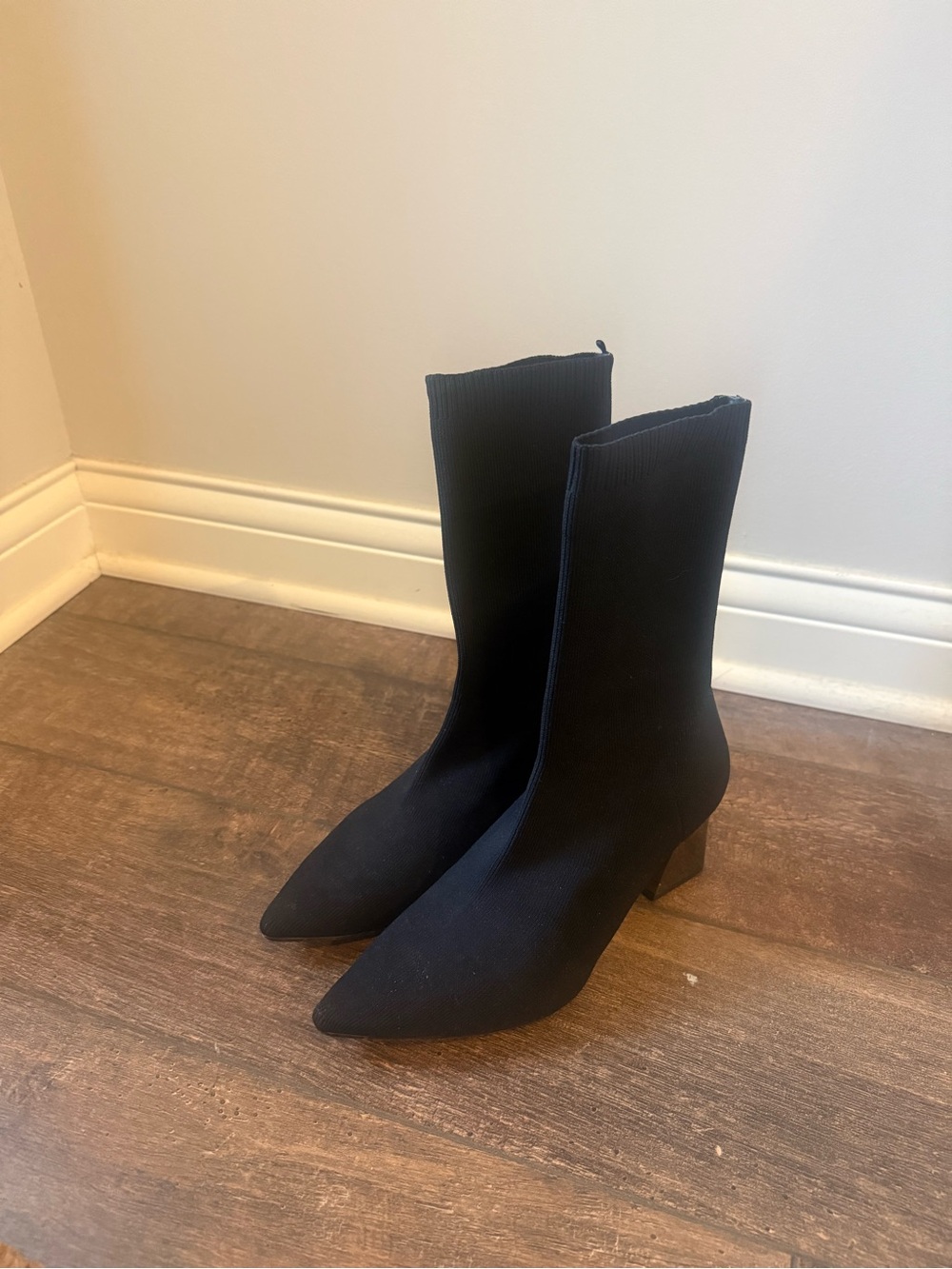 ZARA Black Stretch Sock Boots with Block Heel